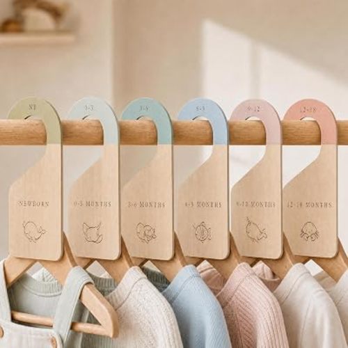 Beautiful Wooden Baby Closet Dividers Set of 7 - Double-Sided Organizer for Newborn to 24 Months Size Clothes - Adorable Nursery Decor Hanger Dividers Easily Organize Your Little Girls or Boys Room