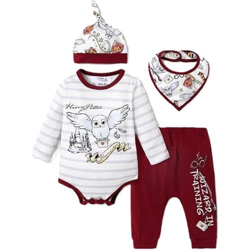 PATPAT Harry Potter Baby Clothes Gryffindor Hedwig Unisex Baby Bodysuit and Pant Sets for Newborn Infant 0-18M
