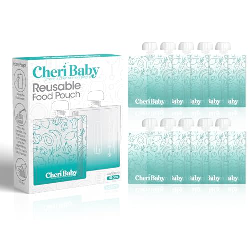 CheriBaby Reusable Baby Food Pouches for Toddlers, BPA Free Plastic, Food Safe, Freezer Safe, Refillable Squeeze Pouch for Applesauce, Yogurt & Puree, Leakproof Double Lock Zipper, 10 Packs, 4oz Max