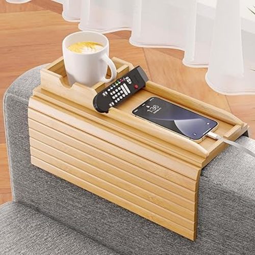Bamboo Couch Armrest Table with Cup Holder Tray