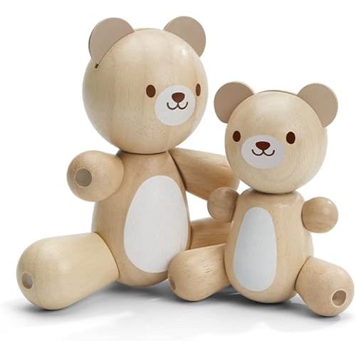 PlanToys® Bear & Little Bear Wooden Rattle & Teether Set | Montessori Sensory Toy for Grasping, Auditory Learning & Motor Skills | Eco-Friendly Infant Educational Toy
