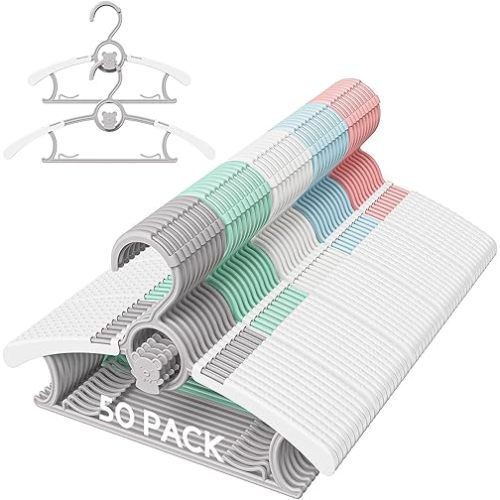 Kids Hangers for Nursery Closet, Adjustable Non-Slip Toddler Baby Hangers with Windproof Buckle, 11-14" Infant Child Plastic Clothes Pant Hanger for Boys Girls Newborn Adult, Multi