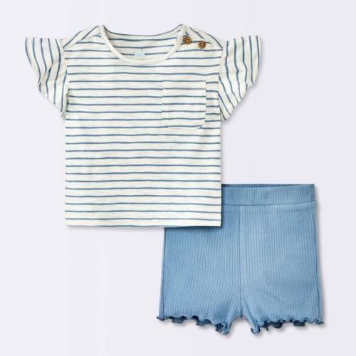 Baby Girls' 2pc Striped Pocket T-Shirt & Bike Shorts Set - Cloud Island™ Blue