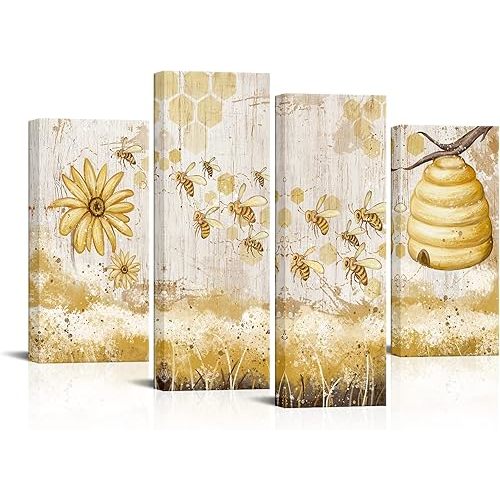 sechars Bee Kitchen Decor Honey Bee Painting Pictures Vintage Farmhouse Yellow Dining Room Wall Art