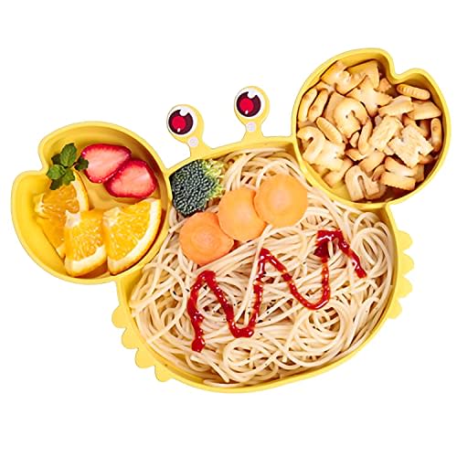 THERDO Toddler Plate and Utensil Set, Divided Baby Plate, Self Feeding Training for Baby, Bamboo Kids Food Plate BPA Free, Microwave Dishwasher Safe, Cute Crab Shaped Cartoon Feeding Plate(Yellow)