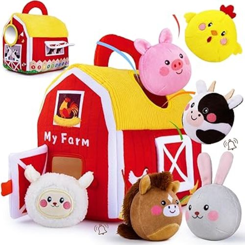 teytoy Baby Toys for Newborn 6-12 Months, Soft Barn with 6 Stuffed Farm Animals Playset for Toddlers Boys Girls 1-3 Years Baby Sensory Toys Birthday Easter Basket Stuffers Christmas Gifts