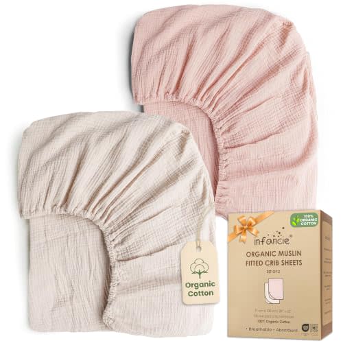 100% Organic Cotton 2 PK Baby Muslin Crib Sheets Unisex 28x52 in | Oeko-TEX Certified, Crib Sheets For Boys, Crib Sheets Girl, Peach/Ivory, Unisex Design, Snug elastic edges stay secure
