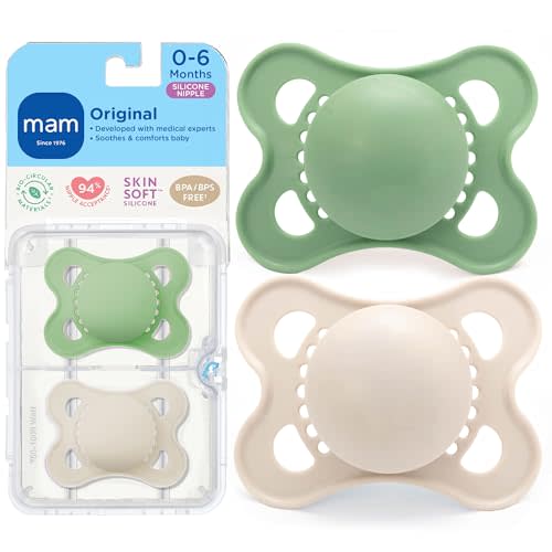 MAM Original Matte Baby Pacifiers 0-6 Months, Binky for Newborn Babies, BPA-Free Skin Soft Silicone Nipple, Easy to Clean, Developed with Medical Experts, 2 Count, With Sterilizer Case, Made in Europe