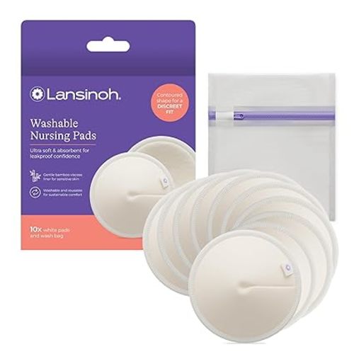 Lansinoh Washable Nursing Pads, Made with Organic Bamboo Viscose, Reusable Breast Pads for Breastfeeding with Wash Bag, Breastfeeding Essentials, 10 Count | Made with Organic Bamboo Viscose, Reusable Breast Pads for Breastfeeding, Includes Wash Bag, Breas