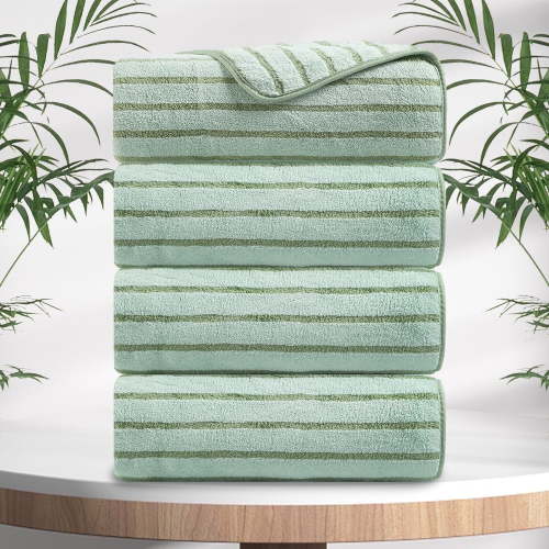Jessy Home 4 Pack Light Green Bicolor Bar Stripe Large Bath Towels Set Oversized Bath Sheet Soft Towel Set