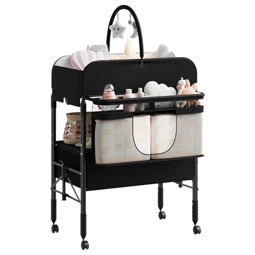 GarveeHome Baby Changing Table with Storage, Portable Foldable Diaper Changing Station with 2 Storage Baskets, Height Adjustable Waterproof Changing Table for Infant and Newborn