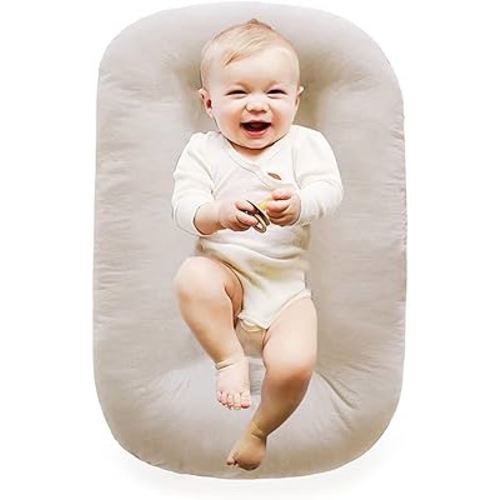 100% Cotton Baby Lounger Play Mat,Tummy Time Mat with Cover for 0-24 Months Newborn Baby,Washable Play Gym Mats for Home Travel-Apricot