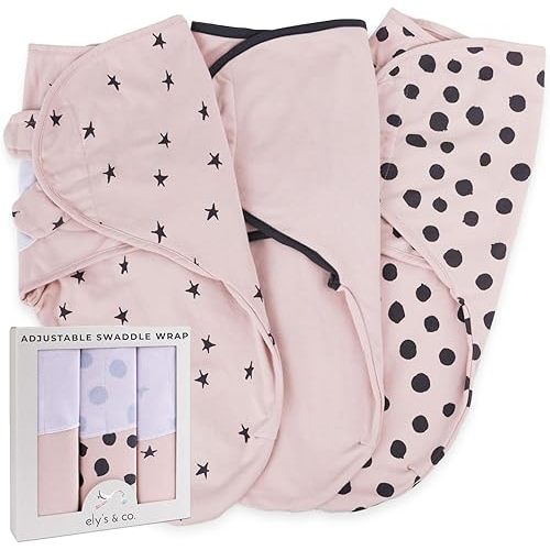Ely's & Co. Adjustable Swaddle Blanket Infant Baby Wrap Set 3 Pack, for Baby Girl (Blush Pink, 0-3 Months)