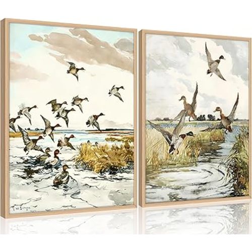 Framed Vintage Duck Wall Art Set of 2 Rustic Mallards Marsh Landscape Canvas Prints Country Cottage Wall Decor Retro water bird Nature Painting Pictures for Living Room Bathroom Cabin 16x24Inch