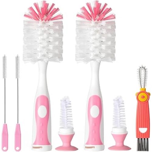 5 in 1 Baby Bottle Cleaner, Baby Bottle Brush Set, 2Pcs Bottle Brush with Stand, 2 Hidden Nipple Brush, 2 Straw Brush, 1 Lid Brush, Nylon Bottles Brush Cleaner for Baby Bottle, BPA-Free(Pink)