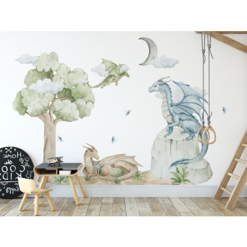 DRAGONS wall stickers for children clouds plants dragonflies flying dragons