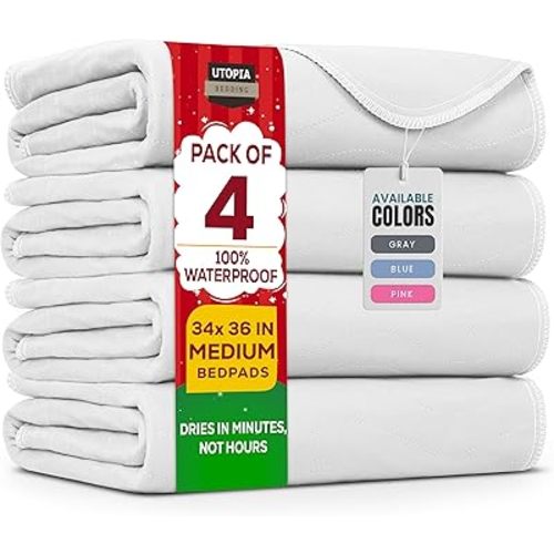 Utopia Bedding Washable Underpads 34" x 36" (Pack of 4), Waterproof Reusable Heavy Absorbency Incontinence Bed Pads for Adults, Kids, Elderly and Pets, Bedwetting Pads for Sofa and Couch (White)