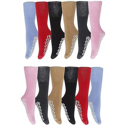 12 Pairs of Womens Non Skid/Slip Medical Socks, Cotton With Rubber Gripper Bottom (Assorted Colors, Size 9-11)