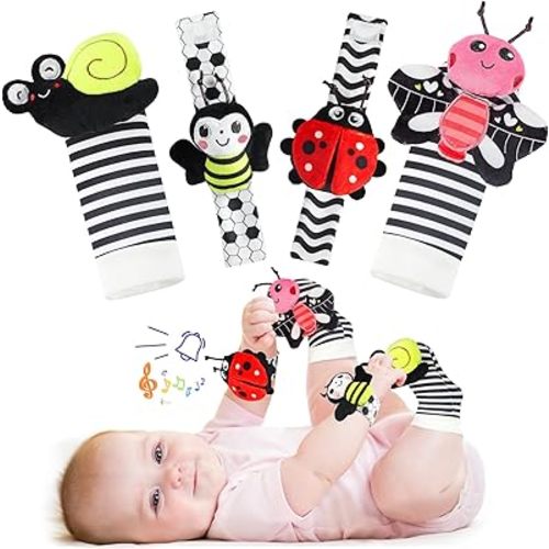 URMYWO Wrist Rattles for Baby - Rattle Socks - Foot Finder Set - High Contrast Black and White Baby Toys for 0-12 Months Infant - Newborn Essentials - Sensery Toys for Boys and Girls as Shower Gifts
