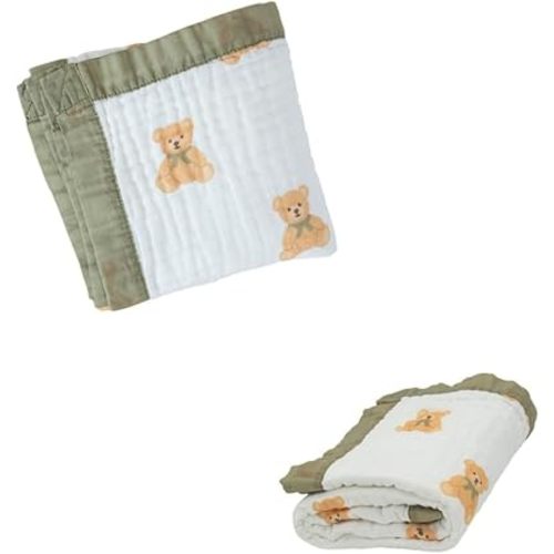 100% Cotton Muslin Baby Blanket | Soft & Breathable 6-Layer Baby Blanket | Lightweight Quilt for Newborns, Infants & Toddlers | Gender-Neutral (Teddy Bear)