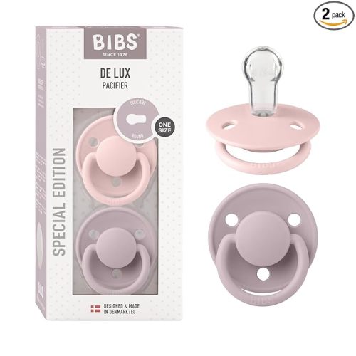 BIBS Pacifiers OneSize | 2-Pack Soothers | BPA-Free Symmetrical Nipple | Made in Denmark | Blossom/Dusky Lilac De Lux Pacifier