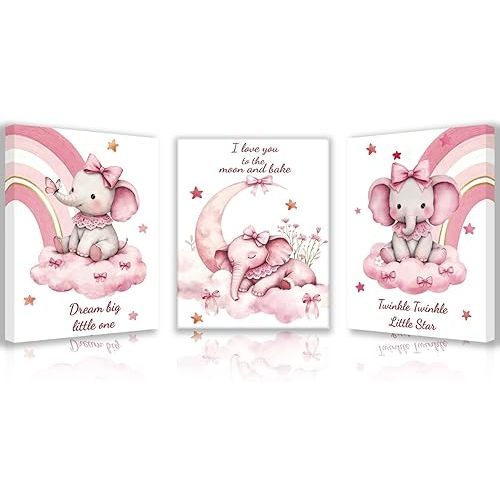 Watercolor Elephant Quote Framed Canvas Wall Art,Pink Elephant Nursery Canvas Wall Art，Watercolor Bow Cute Animal Art Poster for Living Room Bedroom Nursery Decoration Set of 3 (8”X10”)