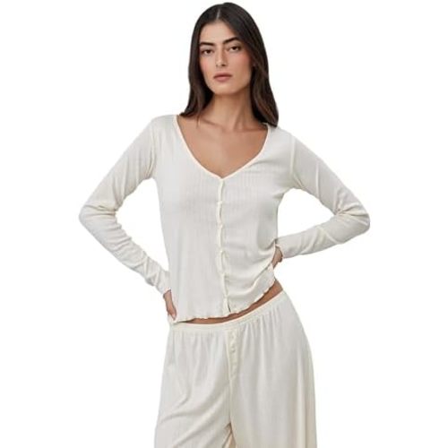 Gottex Beach Life Daydream Pointelle Loungewear Top - Front Button Closure, V Neck, Lettuce Hem Edge, Long Sleeved