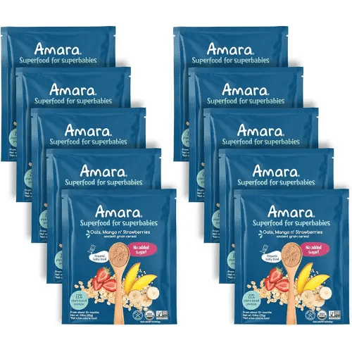 Amara Organic Baby Food - Stage 3 - Ancient Grain - Baby Cereal to Mix With Breastmilk, Water or Baby Formula - Shelf Stable Baby Food Pouches Made from Organic Fruit and Veggies - 10 Pouches, 3.9oz Per Serving