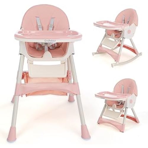 Foldable High Chair for Baby and Toddler, Convertible High Chair with 5 Point Harness, Tray, Foot Rest and Wheels, Pink