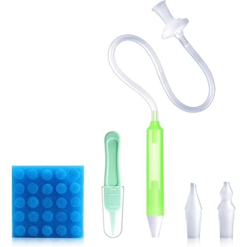 Baby Nasal Aspirator Nasal Congestion Relief with 25 Hygiene Filters 2 Silicone Tips with Nose Cleaning Tweezer, Green