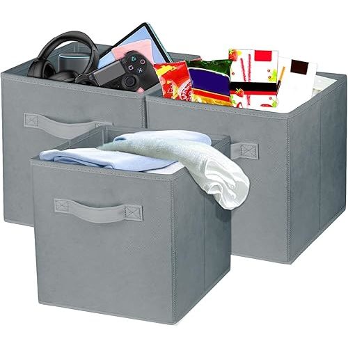 3 Pcs Storage Cubes, 10.5 Inch Collapsible Storage Bins, Fabric Foldable Bins for Organization, Durable Storage Bins for Closet, Shelves, Offices (Grey)