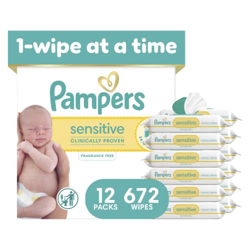 Pampers Sensitive Baby Wipes, Clinically Proven, Fragrance Free, Unscented, Water Based, Hypoallergenic, Multi-Use, Hand Wipes 672 Wipes Total (12X Flip-Top Packs) [Packaging May Vary]