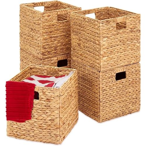 Best Choice Products 12x12in Hyacinth Baskets, Rustic Set Of 5 Multipurpose Collapsible Storage Organizer, Handwoven Laundry Totes for Bedroom, Living Room, Shelves w/Inserts - Natural