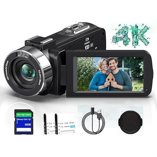 Video Camera Camcorder 4K Ultra HD 80MP Vlogging Camera for YouTube 18X Digital Zoom Camcorder Recorder 3.0" IPS 270° Screen IR Night Vision with 32GB SD Card, Lens Cover and 2 Batteries