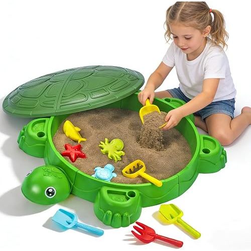 Turtle Sandbox with Lid & Beach Toys Set, 38" Kids Sandbox for Toddlers 3-8, Indoor Outdoor Sensory Play Sand Box with Cover, Summer Gift for Ages 3-8