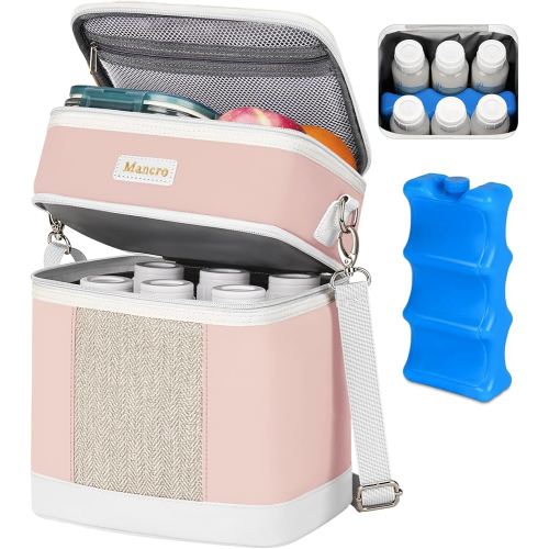 Mancro Breast Milk Cooler Travel Bag with Ice Pack, Double Layer Baby Bottle Cooler Bag Fits 6 Bottles Up to 9 Ounces,Insulated Bottle Bags for Daycare & Travel,Pink