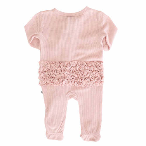 Embroidered Bamboo Waffle Zipper Ruffle Footie in Lotus| Caden Lane