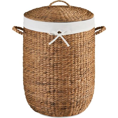 Best Choice Products Round Laundry Hamper w/Lid, Handwoven Laundry Basket, Built-in Handles & Removable Liner for Clothes, Towels, Blanket & Storage Organization - Chestnut