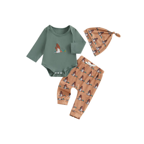 Lesimsam Newborn Boys Fall Outfits 0M 3M 6M Duck Embroidered Long Sleeve Rompers + Long Pants + Hat 3Pcs Set Baby Clothes