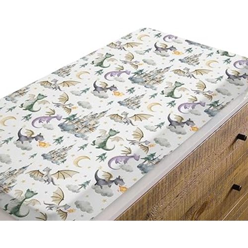 Baby Boy Girl Changing Pad Covers Dragon Tale Castle, Watercolor Green Moon Clouds Stars Tree Safe Snug Fitted Diaper Table Sheet, Soft Breathable Stretchy Change Mat Fit 32 34 x 16