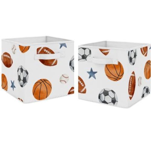 Sweet Jojo Designs Boy Fabric Storage Bins Set Watercolor Sports Theme Blue Brown and Orange