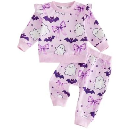 Toddler Baby Girls Halloween Outfit Fashion Long Sleeve Ghost Embroidery Striped Pullover with Pants 2Pcs Fall Set