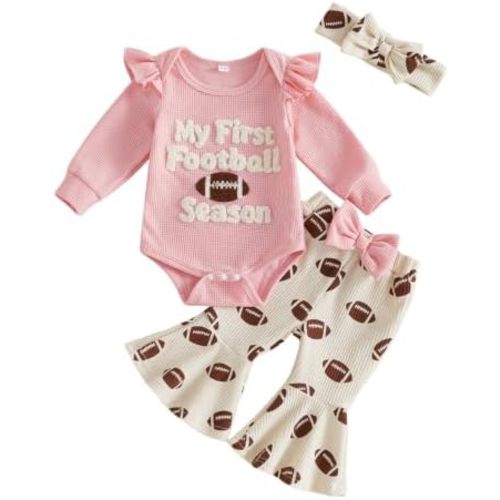 Newborn Baby Girl Clothes Football Outfits Waffle Romper Pants Set