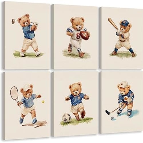 Nursery Bear Sports Wall Art Vintage Boy Room Canvas Wall Decor Baby Teddy Bear Pictures Boy Nursery Art Prints Kids Animal Poster Artwork for Toddler Bedroom Playroom 8x10 Inch Ready to Hang 6Pcs