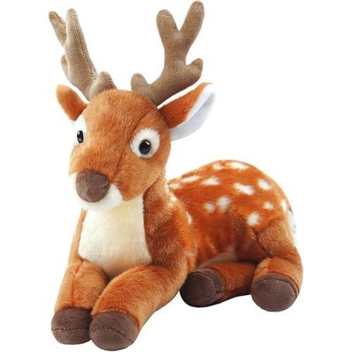 Realistic Stuffed Deer Plush - 10'' Lying Pose Male Buck with Majestic Antlers, Soft Cuddly Companion for Kids & Adults, Woodland Plush for Playtime & Bedroom Decor