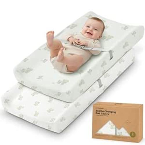 2-Pack Organic Changing Pad Covers for Girl, Boy, Neutral - 100% Cotton Changing Table Pad Cover, Soft Baby Nursery Diaper Changing Pad Sheets, Contour Changing Pads Liners, Change Pad Cover (Elly)