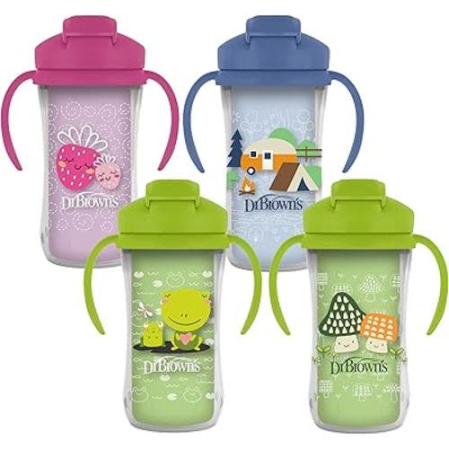 Dr. Brown's Milestones Insulated Sippy Cup with Straw and Handles, Spill-Proof Tumbler with Lid, 4-Pack, Blue/Green/Green/Purple, 10 oz/300 mL, BPA Free, 12m+