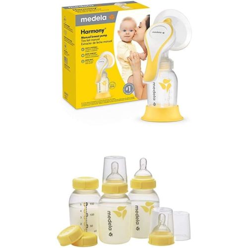Medela Harmony Manual Breast Pump with Flex Breast Shield and Extra Breast Milk Storage Bottles, Portable Single Hand Breastpump, 3 Pack of 5 Ounce Breastfeeding Bottles, Nipples, Lids, Collars, Caps