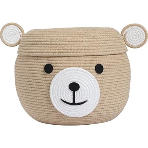 Handcrafted Animal Inspired Basket with Lid | Cotton Storage Solution for Organization in Bedroom | Perfect Organizer for a Shower or Retreat, Beige Bear, 15"x12"