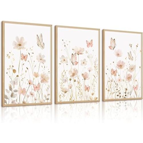 Pink Floral Wall Art Vintage Nursery Wildflower Canvas Wall Decor Watercolor Flower Prints Pink Boho Botanical Poster Butterfly Pictures Gold Beige Floral Painting for Bedroom 16x24 Inch Unframed 3pcs
